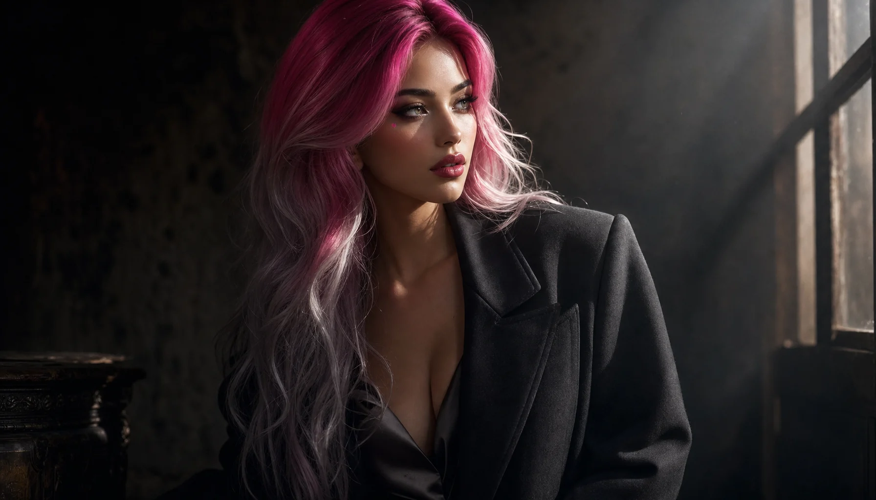 Lucella in charcoal coat, cinematic noir narrative