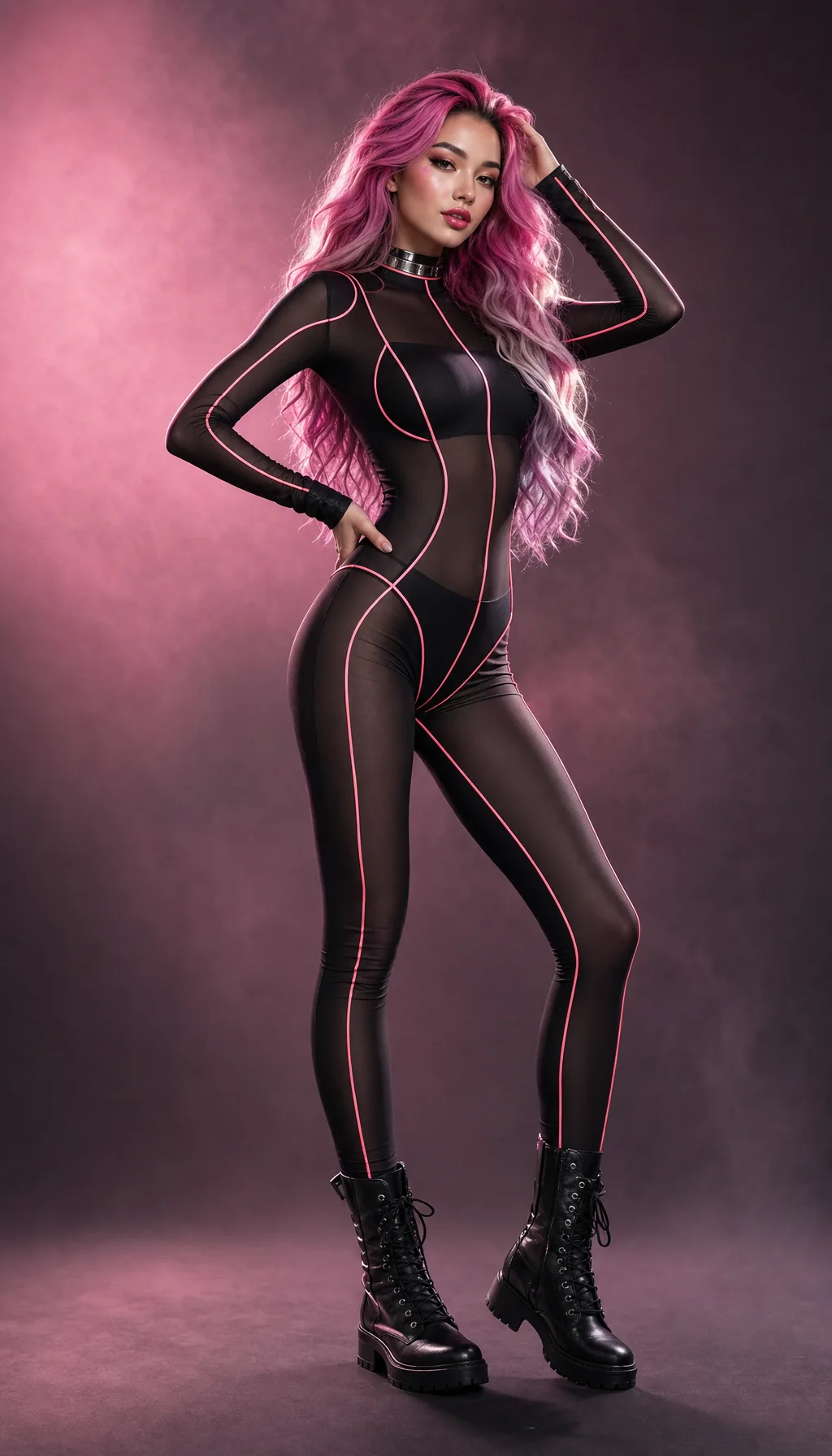 Fashion editorial portrait in a black mesh-inspired structured outfit with a futuristic studio mood.