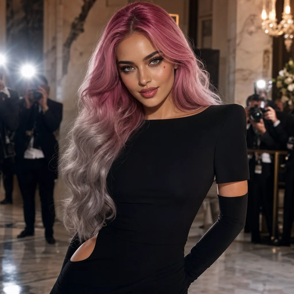 Fashion editorial portrait in a matte-black couture dress inside a marble gala lobby.