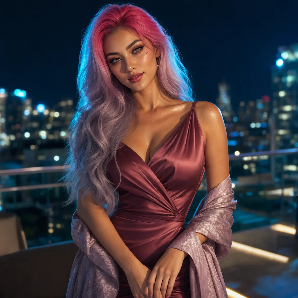 Fashion editorial portrait in a deep rose cocktail dress on a private rooftop terrace.