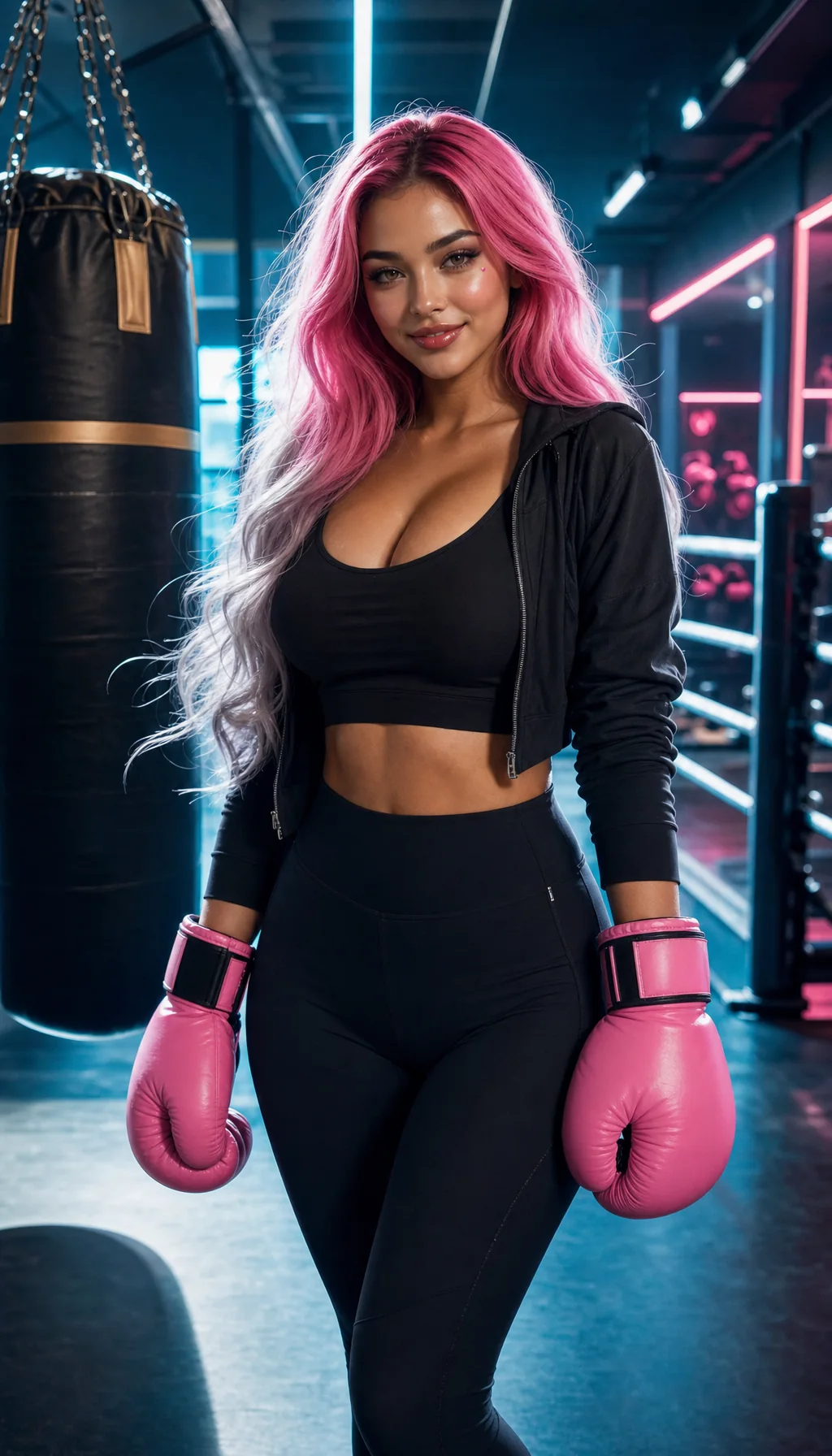 Sport fashion editorial portrait with pink boxing gloves inside a boutique boxing gym.