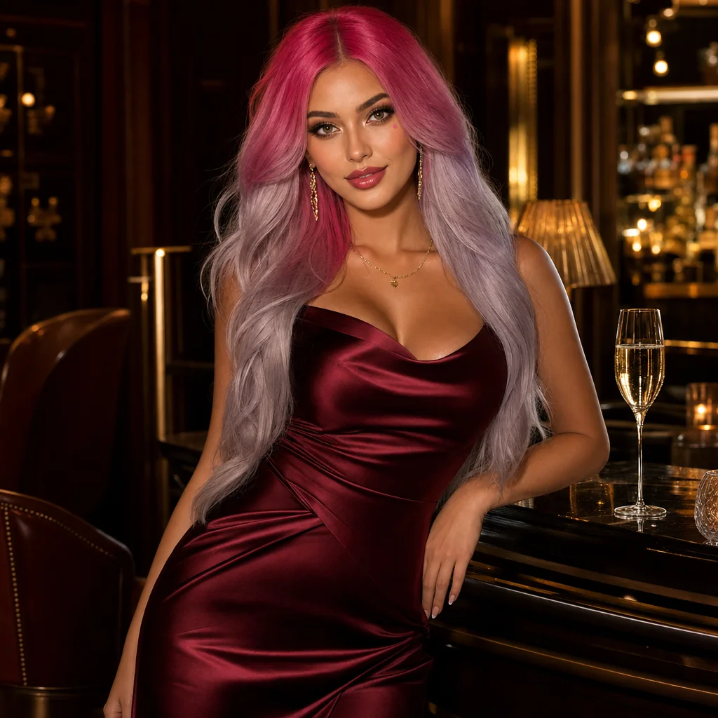 Luxury fashion editorial portrait in an oxblood satin dress inside a midnight hotel bar.